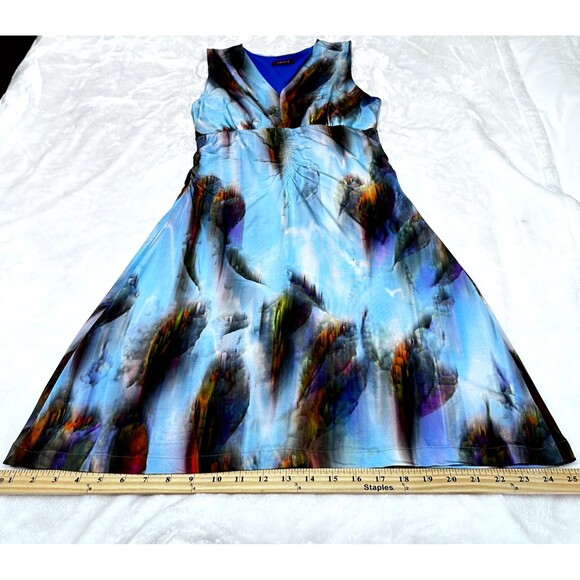 CREOLA Women A-Line Dress Sz 44/8 Multicolor Abstract Print Stretch V-Neck Italy - Picture 15 of 16